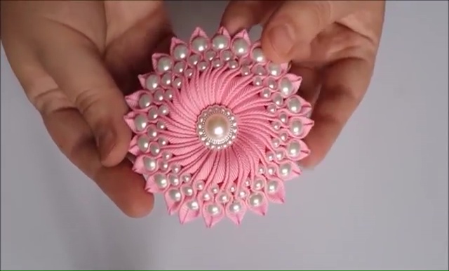 How to Ribbon Flower with Pearl Beads (1)